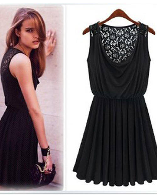 *Import* Retro Lace Pleated Sleeveless Narrrow Waist Womens Dress